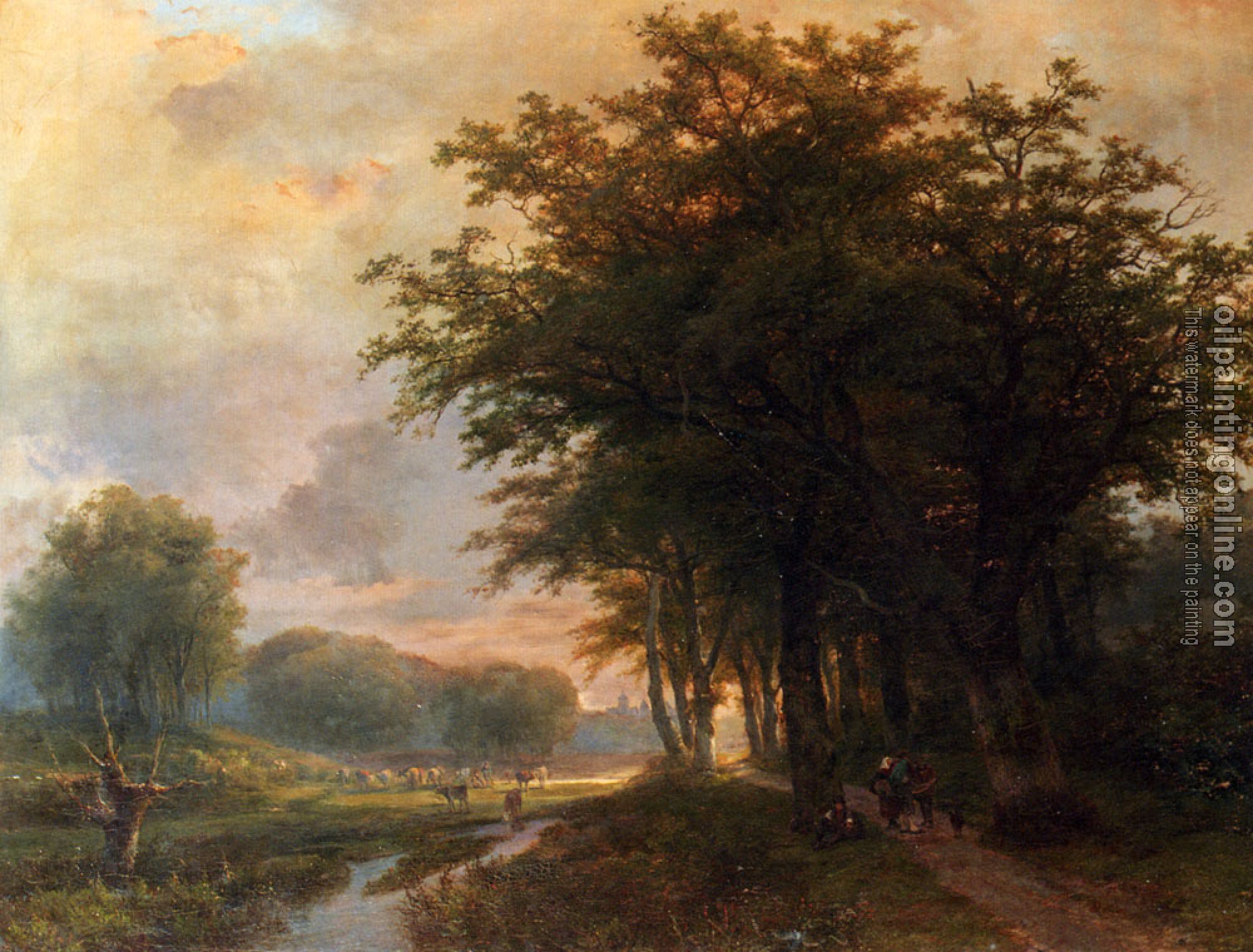 Johann Bernard Klombeck - A Wooded River Valley With Peasants On A Path